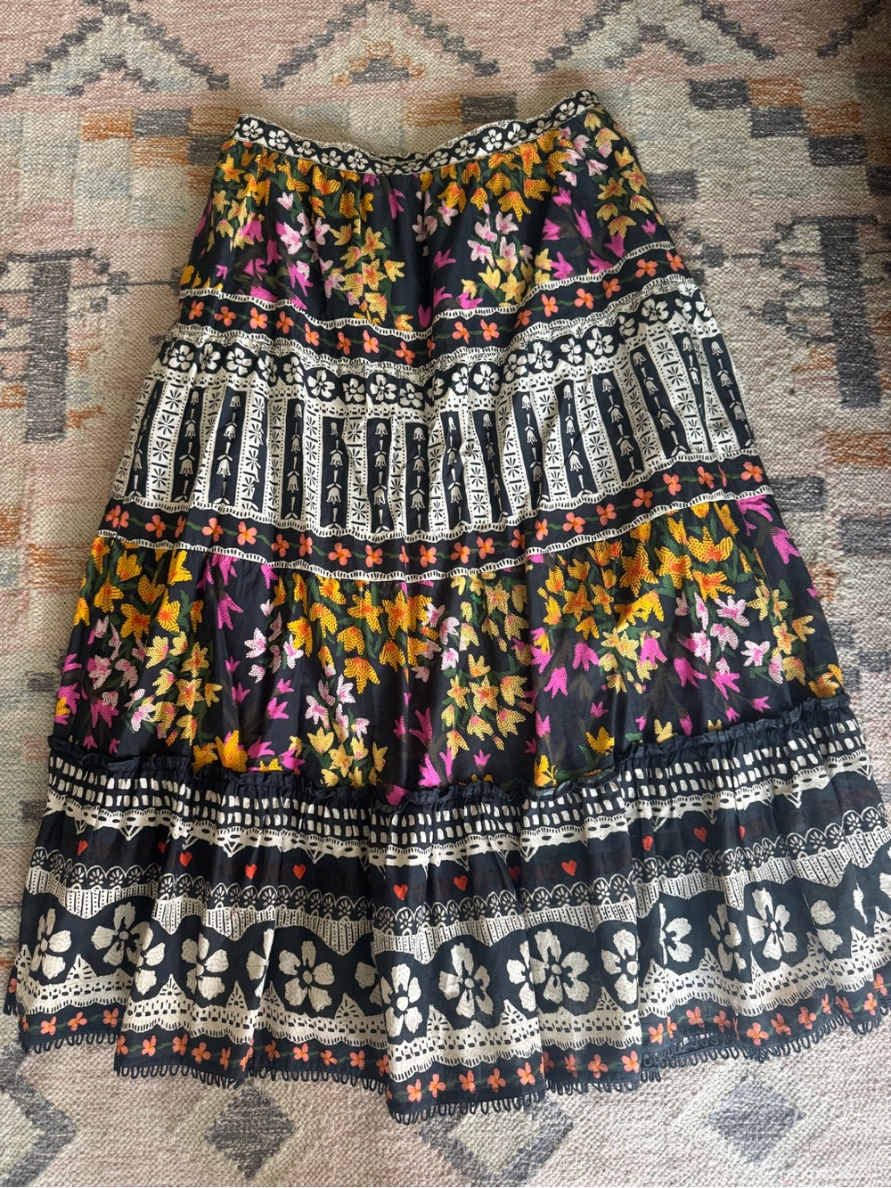 FARM Rio Black Tiered Skirt with Pink, Yellow & Orange Floral Embroidery